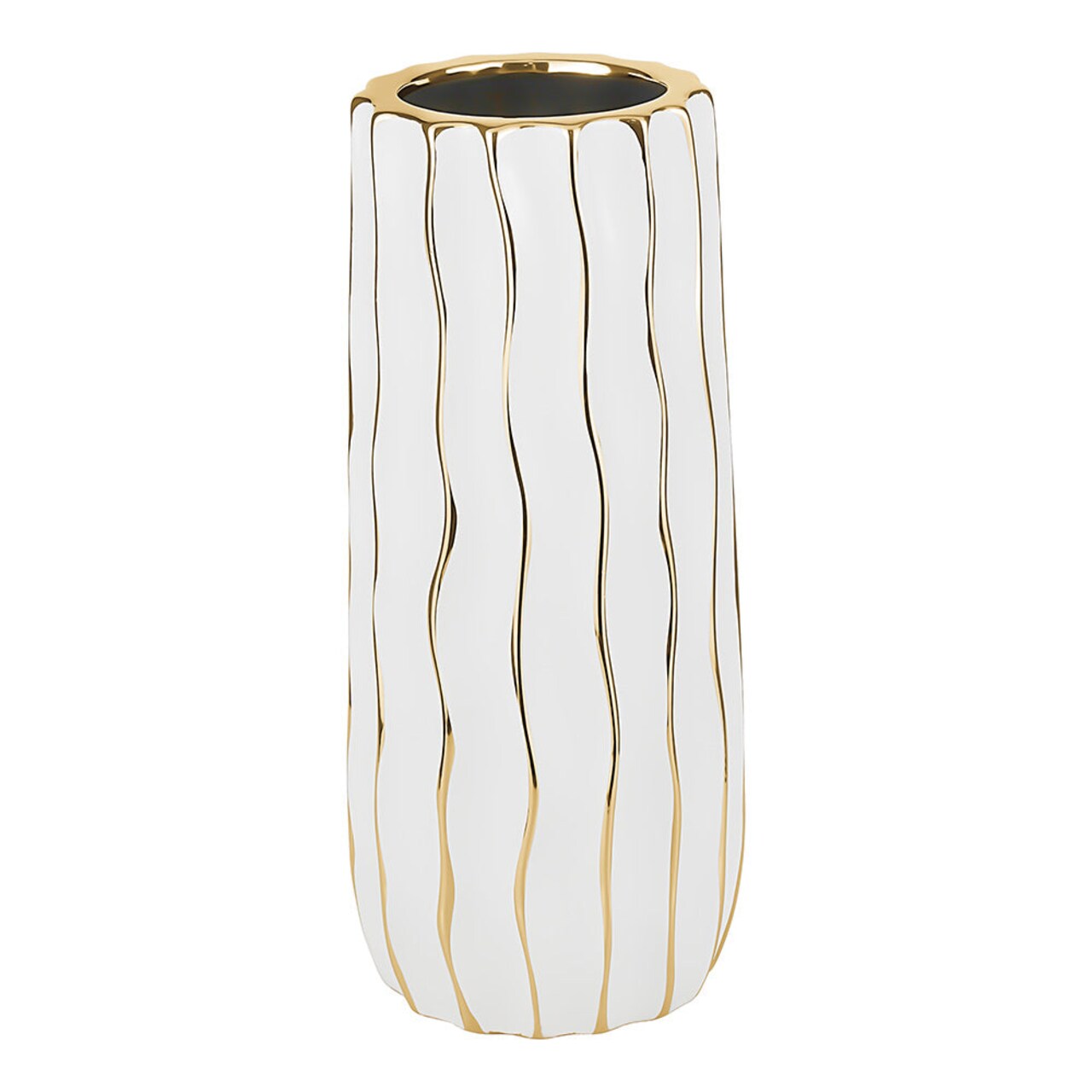 White Porcelain Tall Vase with Gold Wavy Design By Kinor Decor